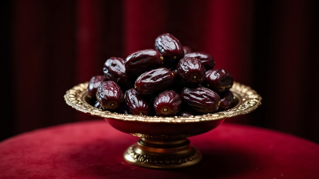تمر في طبق نحاسي على مخمل قرمزي